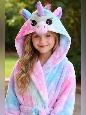 Unicorn Bathrobe with Tie Closure in Pastel Rainbow Colors Size 10-11 Super Soft